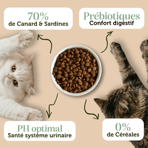 Croquettes sans céréales - Canard et Sardines pour chat stérilisé et sénior